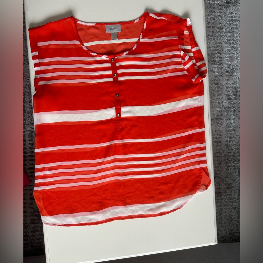 LOFT Outlet sheer orange and white striped top. Petite Large
